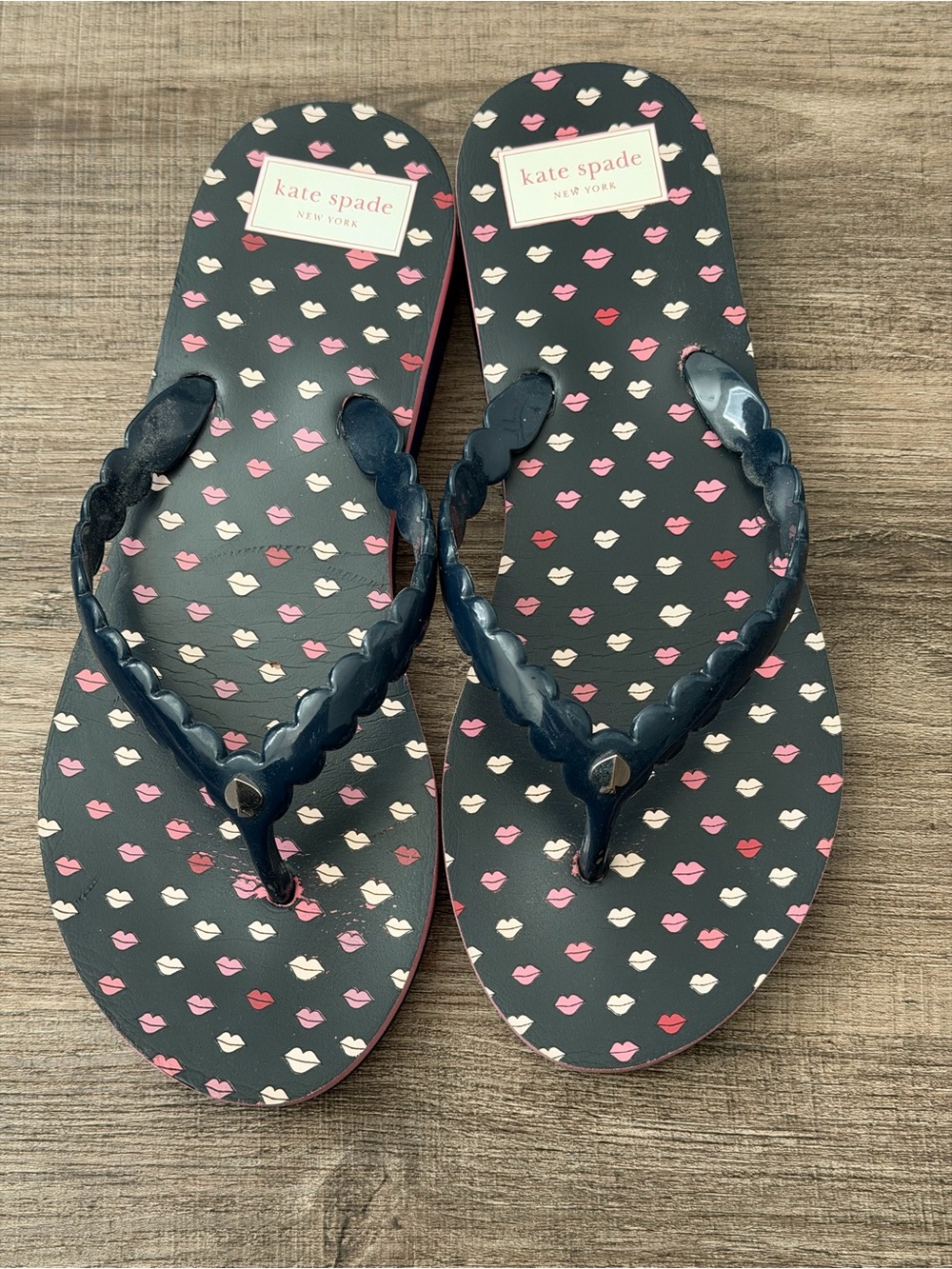 kate spade Navy and Pink Lip-Print Flip Flop Sandals